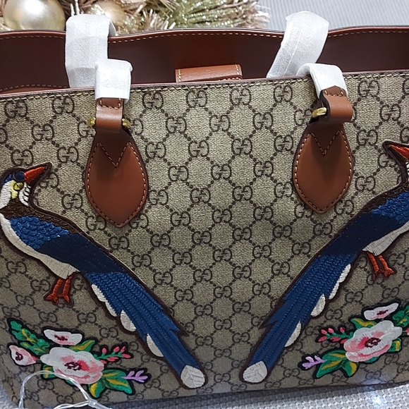 Gucci GG Supreme Peacock Brown Tote Leather Floral Bag Bird Handbag - Picture 9 of 12